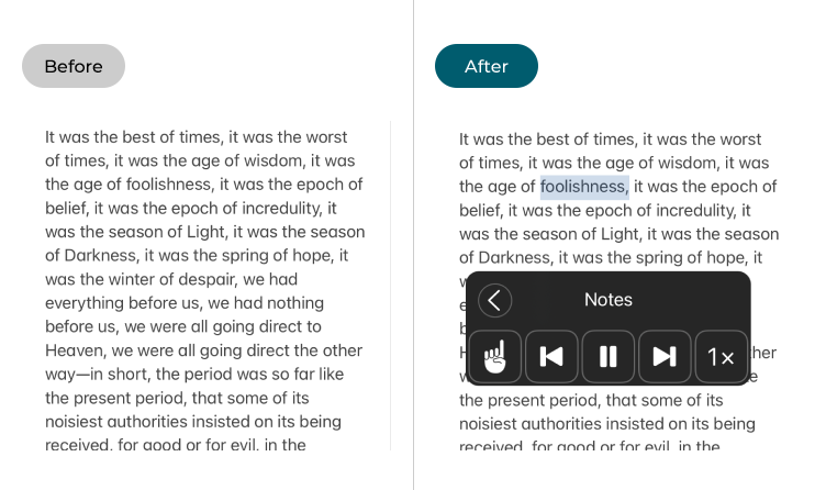 The iOS Notes app with and without Speak Screen enabled